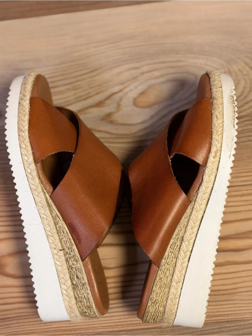 Bertuchi Spain Leather Cross-Band Wedge Sandals Womens Size 8 Brown Slide Mules